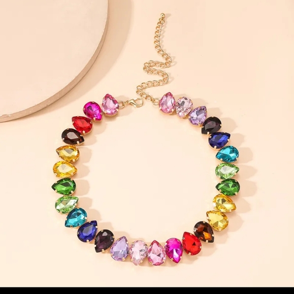 RAINBOW GLASS choker necklace Big stones colorful gold tear drop New gift - Picture 3 of 15